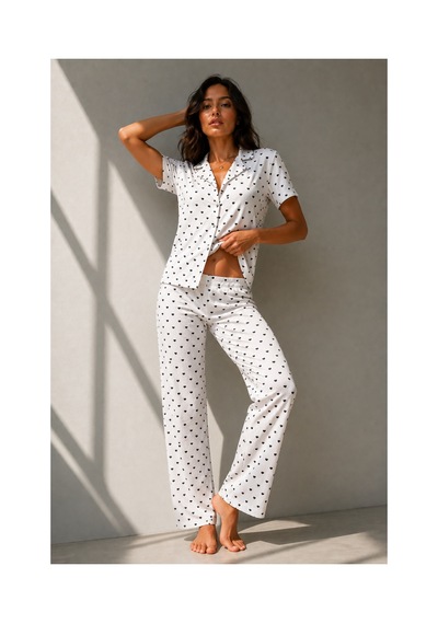 Fit Women Kadın Klasik Doğal Düğme Gece Kar Beyaz Pijama Takımı