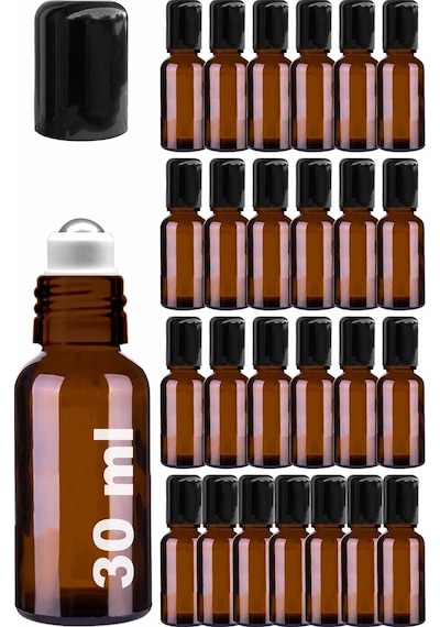 Çelik Roll On Şişesi 30 ML Sızdırmaz Siyah Kapaklı Amber Cam Şişe 25 Adet