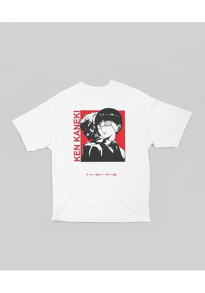 Ken Kaneki Baskılı Unisex Oversize Anime Karakter Tişört Beyaz