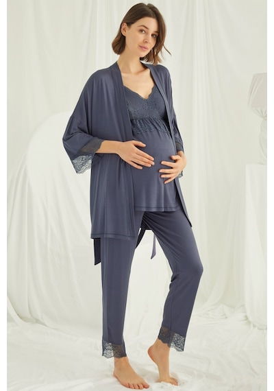 Lohusa Sepeti Lohusasepeti Dantelli Sabahlıklı Askılı Lohusa Pijama Takımı Lacivert - 18432 001