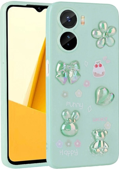 Vivo Y16 Kılıf Kabartma Figürlü Parlak Zore Toys Silikon Kapak Açık Yeşil