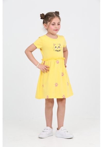 Toontoy Kids Toontoy Kız Çocuk Kedi Baskılı Elbise Koyu Sarı