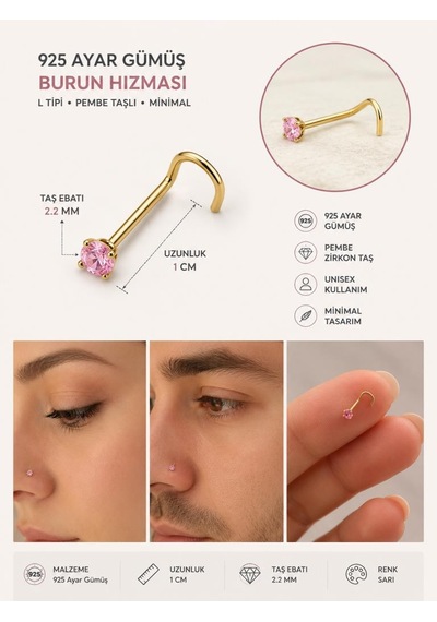 925 Ayar Gümüş Pembe Taşlı Sarı Burun Hızması L Tipi Minimal Unisex Nose Stud Piercing