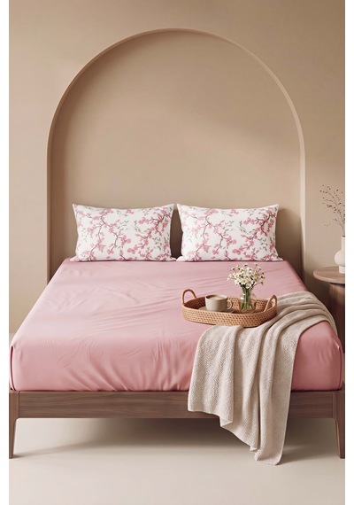 Pudra Pembe Sakura Çift Kişilik Lastikli Çarşaf Takımı 160x200 Cm - 3 Parça Çok Renkli