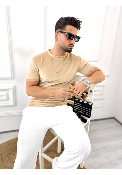 T-shirt Slim Fit Tişört Dar Kesim Kadife Tişört krem