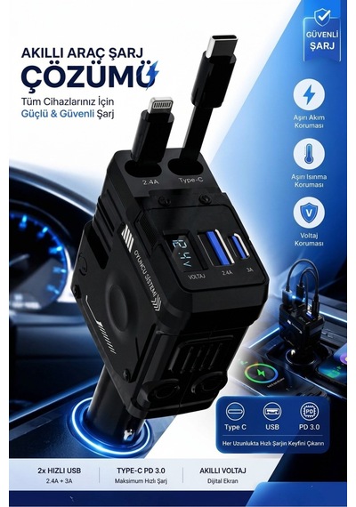 70w Çakmaklık Girişli Şarj Cihazı Araç Şarj Cihazı 3 Usb + Type-c Pd 3.0 Lightning + Type-c Kablolu Hızlı Şarj Siyah - 924496768 70w Çakmaklık Girişli Şarj Cihazı Araç Şarj Cihazı 3 Usb + Type-c Pd 3.0 Lightning + Type-c Kablolu Hızlı Şarj Siyah - 924496768