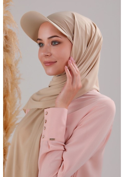 Melodi Scarf Kadın Tesettür Şapkalı Pratik Boneli Hazır Şal Krem Krem