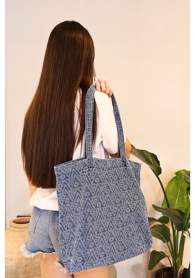 İcone Bag Desenli Yıkamalı Denim Kadın Çantası, Geniş Hacimli, Desenli El Ve Omuz Bez Çanta Shopper Mavi