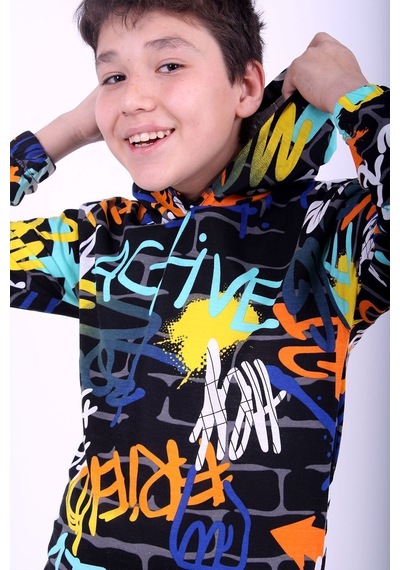 Fyk Kids Kapüşonlu Desenli Unisex Sweatshirt 2 İplik Siyah