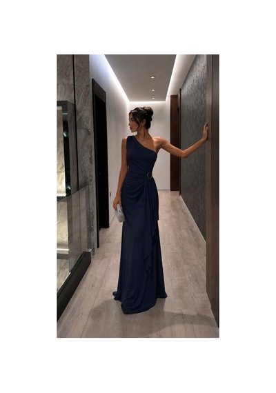 DefyModa Kadın Modern Stil Tek Omuz Kemerli Maxi Abiye Elbise Lacivert