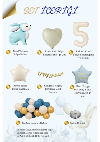 Mavi Tavşan Temalı 5 Yaş Doğum Günü Balon Seti