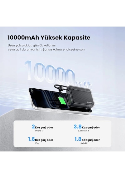 Sharge Flow Go 10000 Mah Dahili Type-c Kablolu Kompakt Powerbank Taşınabilir Hızlı Şarj Cihazı Siyah