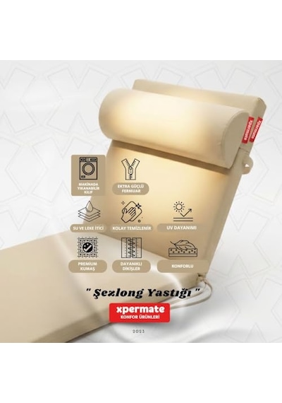 Xpermate Şezlong Yastığı Rulo Yastık Dış Mekan Havuz Plaj Bahçe Sünger Dolgulu 60x22x10 Cm Krem Açık Bej