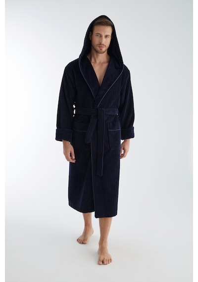 Yaka Fitilli Bambu Cotton Erkek Bornozu Lacivert