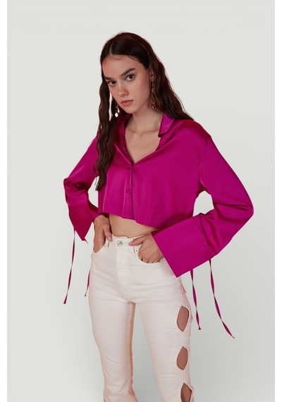 Holly Lolly Özel Dokulu Saten Crop Silky Gömlek Pembe