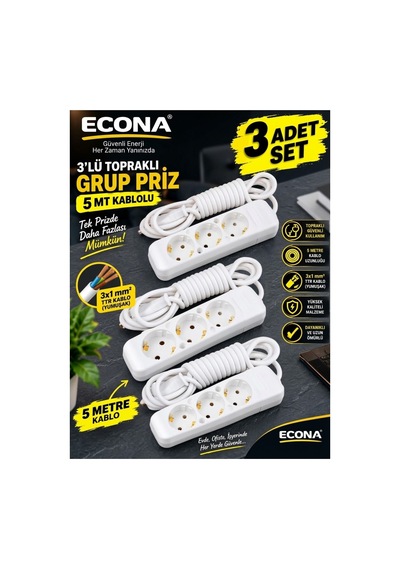 3 Adet-3 Soketli Topraklı Grup Priz 5 Metre Kablolu - 3 Adet Çoklu Priz Seti 3x1 Mm² Esnek Yumuşak Ttr Kablo Beyaz Çoklu Priz Uzatma Kablosu 0