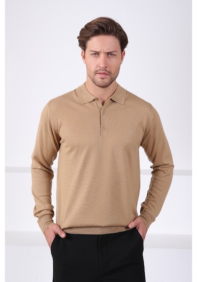 Ferraro Camel Polo Yaka Superfine Erkek Triko Kazak Camel