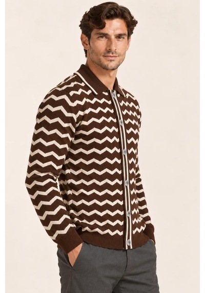 Tarz Cool Erkek Polo Yaka Zikzak Desenli Düğmeli Triko Hırka Akrilik Karışımlı Slim Fit Kahverengi