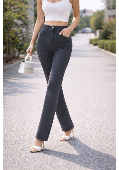Cedy Denim Kadın Boru Paça Yüksek Bel Regular Fit Likralı Pantolon Gri Cedy Denim Kadın Boru Paça Yüksek Bel Regular Fit Likralı Pantolon Gri