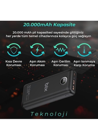 Bix Pb201 Üç Portlu 20000mah 22.5w Hızlı Şarj 4.0 Pd Giriş/çıkışlı Led Göstergeli Powerbank Siyah Siyah