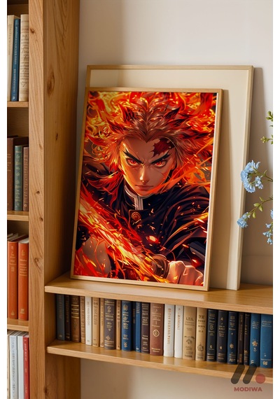 Demon Slayer Rengoku Poster, Ahşap Çerçeveli Duvar Tablosu - Anime Severlere Özel Hediye