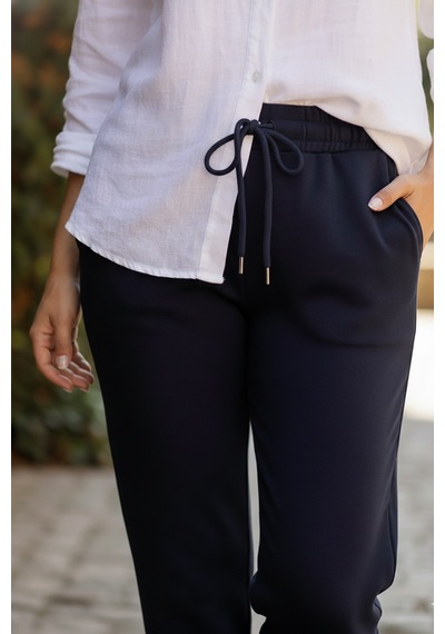 Sy & Black Kadın Çelik Örgü Beli Lastikli Ve Bağcıklı Geniş Beden Aralıklı Jogger Pantolon 25p-03 Lacivert Lacivert