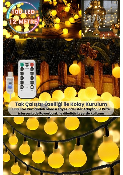 Technosmart 100 Ledli Usbli Kumandalı 8 Modlu 12 Metre Toplu Işık Parti Süsleme Organizasyon Sarı