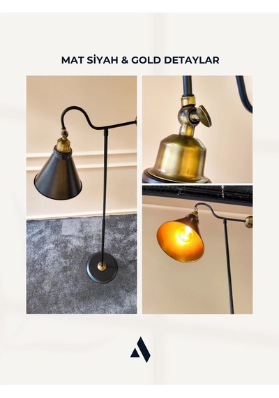Ardine Ayarlanabilir Siyah Lambader Gold Detaylı Metal Gövde Modern Ve Fonksiyonel Tasarım Gold Siyah