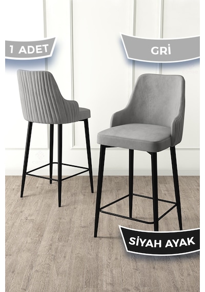 Canisa Enox Serisi,1 Adet Gri Sandalye Bar Sandalyesi Babyface Kumaş Siyah Metal Ayak Gri Sandalye Siyah Ayak