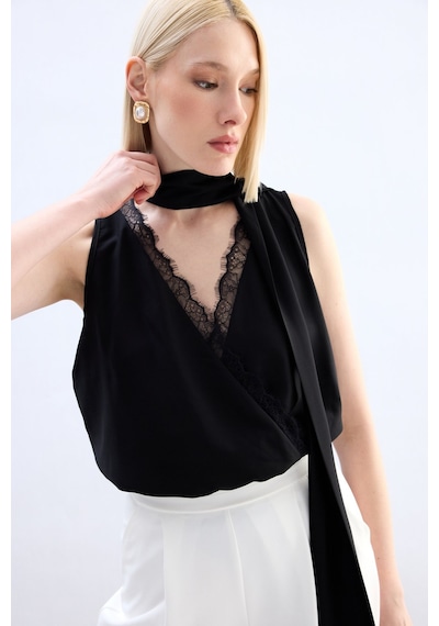 Sateen Dantel Detaylı Bodysuit Bluz - Siyah-136765 Siyah