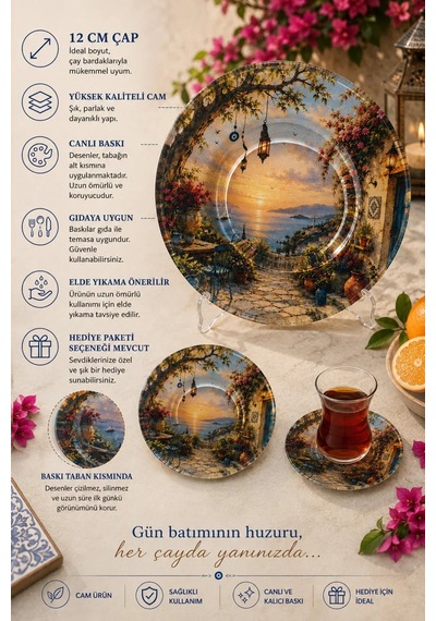 6 Lı Cam Çay Tabağı Akdeniz Gün Batımı Ve Sahil Manzarası Desenli 6 Adet Çay Tabak Çok Renkli