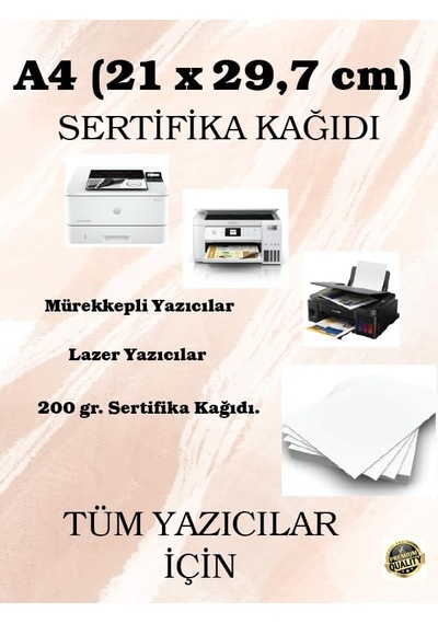 200 Gr. A4 21 X 29,7 Cm Sertifika Kağıdı, 50 Adet Genel