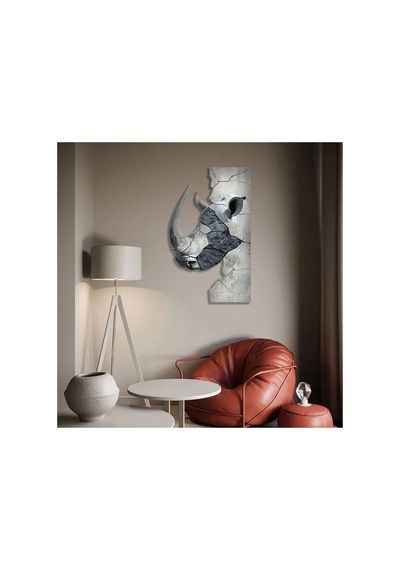 Beyaz Gergedan Metal Tablo Vahşi Doğa Duvar Dekoru 60x95 Cm Çok Renkli