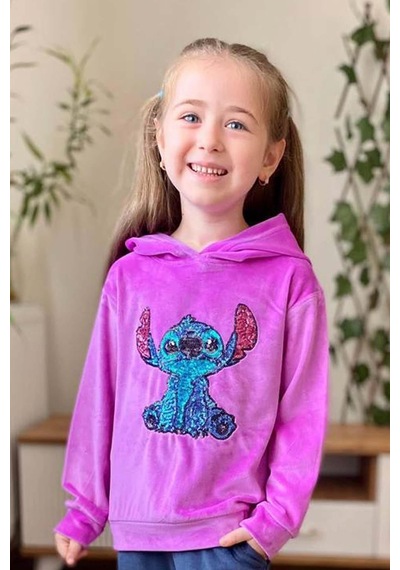 Riccotarz Kız Çocuk Stitch Karakter Baskılı Pullu Sweatshirt Mor Kadife Eşofman Takım Riccotarz Kız Çocuk Stitch Karakter Baskılı Pullu Sweatshirt Mor Kadife Eşofman Takım
