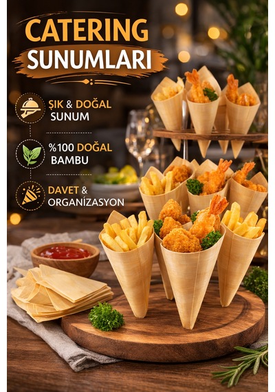 50'li Pkt Medium Bambu Sunum Korneti 12,5x7 Cm Doğal Sunum Külahı Kokteyl Catering Finger Food Sunumluk