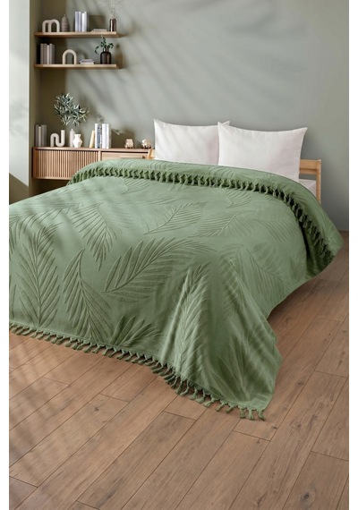 Tek Kişilik Saçaklı Havlu Yatak Örtüsü - %100 Pamuk & Yumuşak & Saçaklı Pike - 150x220 Cm-yeşil Yesıl
