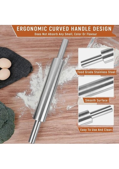 Paslanmaz Çelik Merdane - Ergonomik Döner Saplı Hamur Açma Rulosu Mutfak Şef Yardımcısı