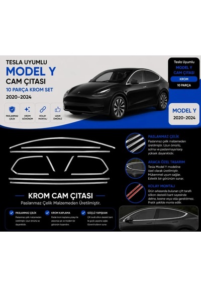 Tesla Model Y 2020 - 2024 Krom Tam Tur Cam Çıtası 10 Parça