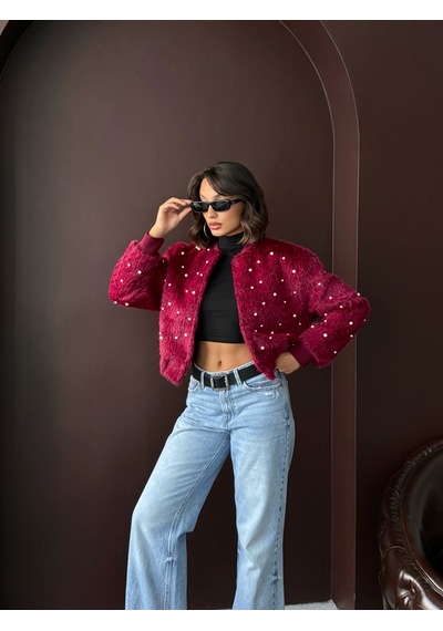 Verymoda Suni Kürk Bomber Ceket - İnci Detaylı Bordo