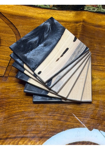 Ceviz & Siyah Epoksi Bardak Altlığı Seti 6 Lı, El Yapımı Ceviz Ahşap, 12x12 Cm, Modern & Şık Tasarım Siyah