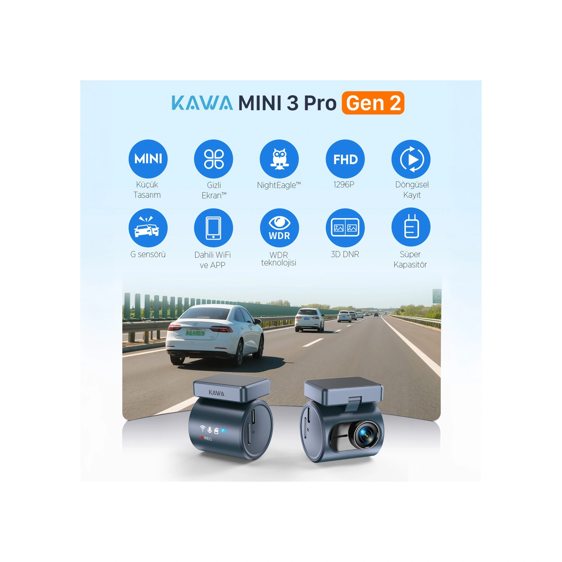Kawa Mini 3 Pro Gen2 2k 1296p Wdr 145 Geniş Açı Lens Wifi Araç Kamerası + 32gb Hafıza Kartı