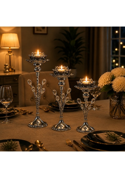3'lü Gümüş Lotus Mumluk Seti Kristal Taş Detaylı Metal Şamdan Dekoratif Mumluk