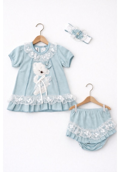 Kardeşler Bebe Dantelli Ayıcıklı Kız Bebek Elbise Takım Saç Bantlı 3 Lü Set Turkuaz