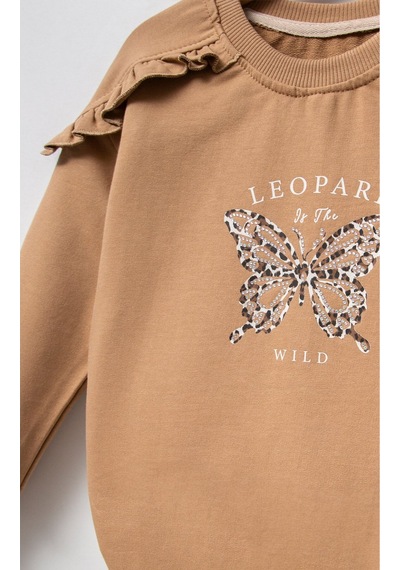 Overdo Kids Pamuklu Baskılı Uzun Kol Kız Çocuk Sweatshirt Kahverengi
