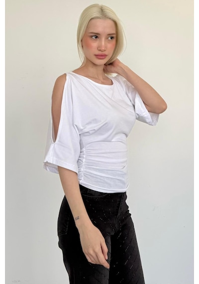 Madmext Beyaz Belden Büzgülü Yarasa Kollu Açık Omuz Bluz Mg2672 Beyaz