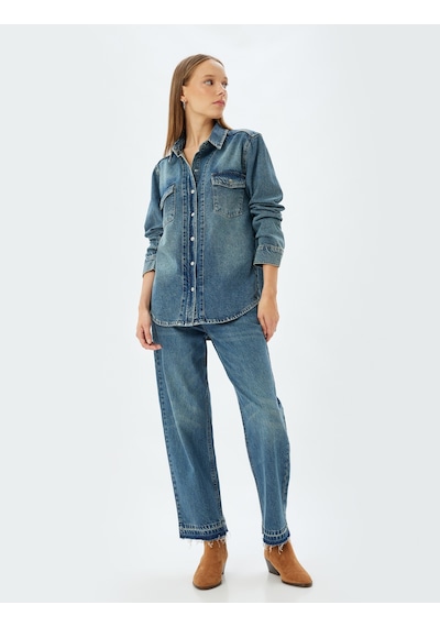 Koton Kot Gömlek Oversize Klasik Yaka Düğmeli Cep Detaylı Koyu İndigo 5wal60004md İndigo
