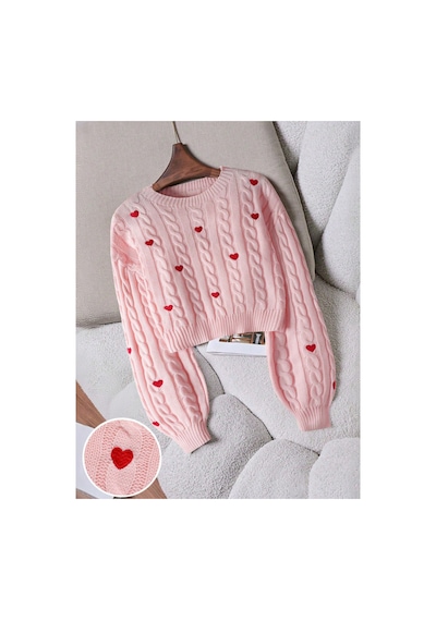 Sayzen Your Shine Kalp Nakış Detaylı Saç Örgülü Crop Kadın Kazak Pembe