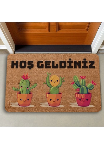 Valerine Life Opuntia Tavşan Kulağı Üçlü Sevimli Kaktüsler Hoş Geldiniz Kapı Önü Paspası 45x70cm