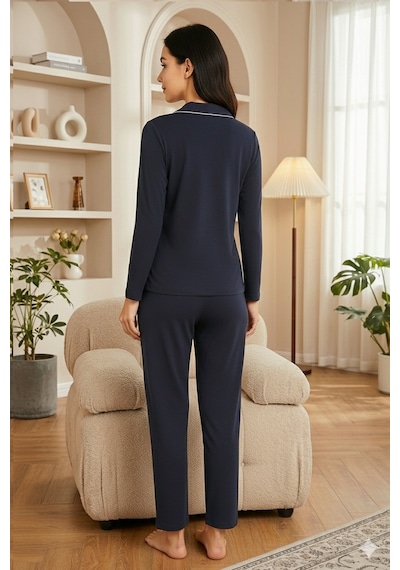 Kompedan Kadın Pamuklu Süprem Önden Düğmeli Biyeli Pijama Takımı Lacivert 130 Lacivert