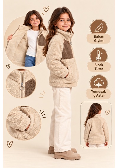 Ahengim Kız Erkek Çocuk Peluş Kuzu Mont Unisex Fermuarlı Dik Yaka Sıcak Tutan Çocuk Ceket Ak100 Bej